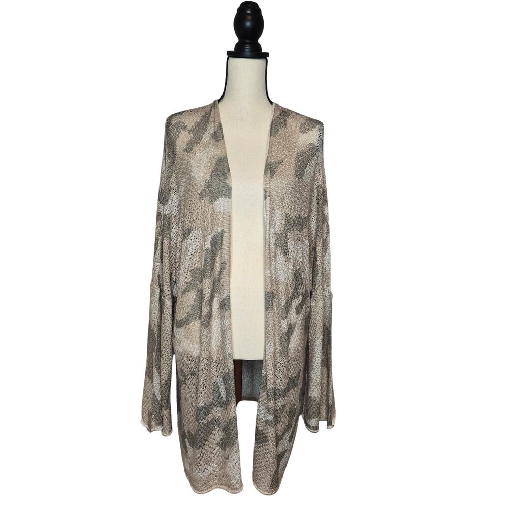 POL Camo Open Front Knit Cardigan Relaxed Fit Dropped Shoulder Duster Women Sz L